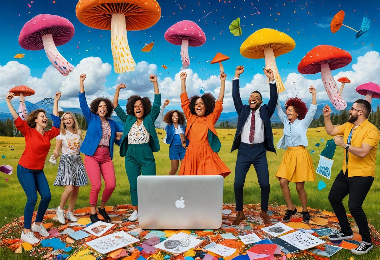 A colorful, whimsical scene featuring a group of diverse people engaging in quirky activities like dancing, painting, and wearing eccentric outfits. In the foreground, a laptop is open displaying fun blogging tips, surrounded by doodles and vibrant stickers. Bright confetti rains down, enhancing the cheerful atmosphere. The background showcases a surreal landscape with exaggerated elements, like oversized mushrooms and floating clouds. super-realistic. vibrant colors. playful and energetic.