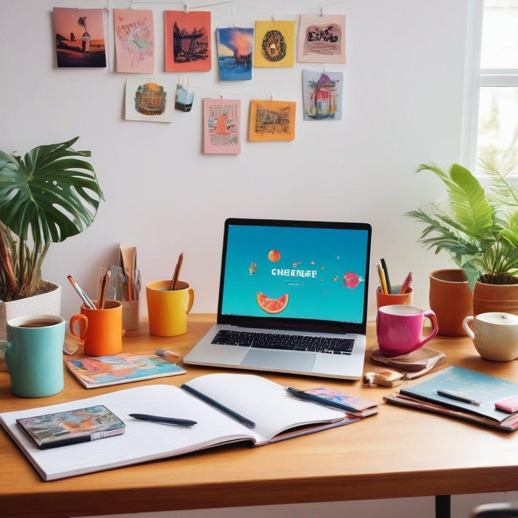 A dynamic scene showcasing a vibrant workspace filled with quirky objects like colorful notebooks, a laptop with engaging blog drafts, and a cup of coffee, surrounded by lively inspirations such as photos, travel mementos, and creative art. The background features bright, energizing colors that evoke excitement and creativity, reflecting the essence of a fun lifestyle transformed into captivating content. vector art. vibrant colors. white background.