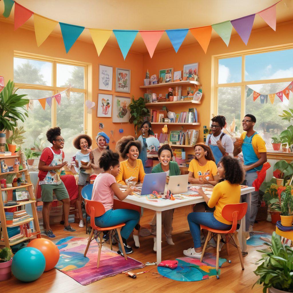 A whimsical gathering of diverse cartoon characters laughing and sharing creative ideas in a vibrant setting filled with quirky decorations, colorful banners, and funny gadgets. In the background, a diverse group of people working together on a blog, showcasing their creativity with laptops and art supplies. The atmosphere exudes joy and humor, inspiring a sense of community. bright colors. playful illustration. whimsical style.